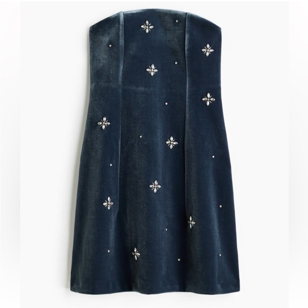 H&M Navy Velvet Strapless Dress with Crystal Accents